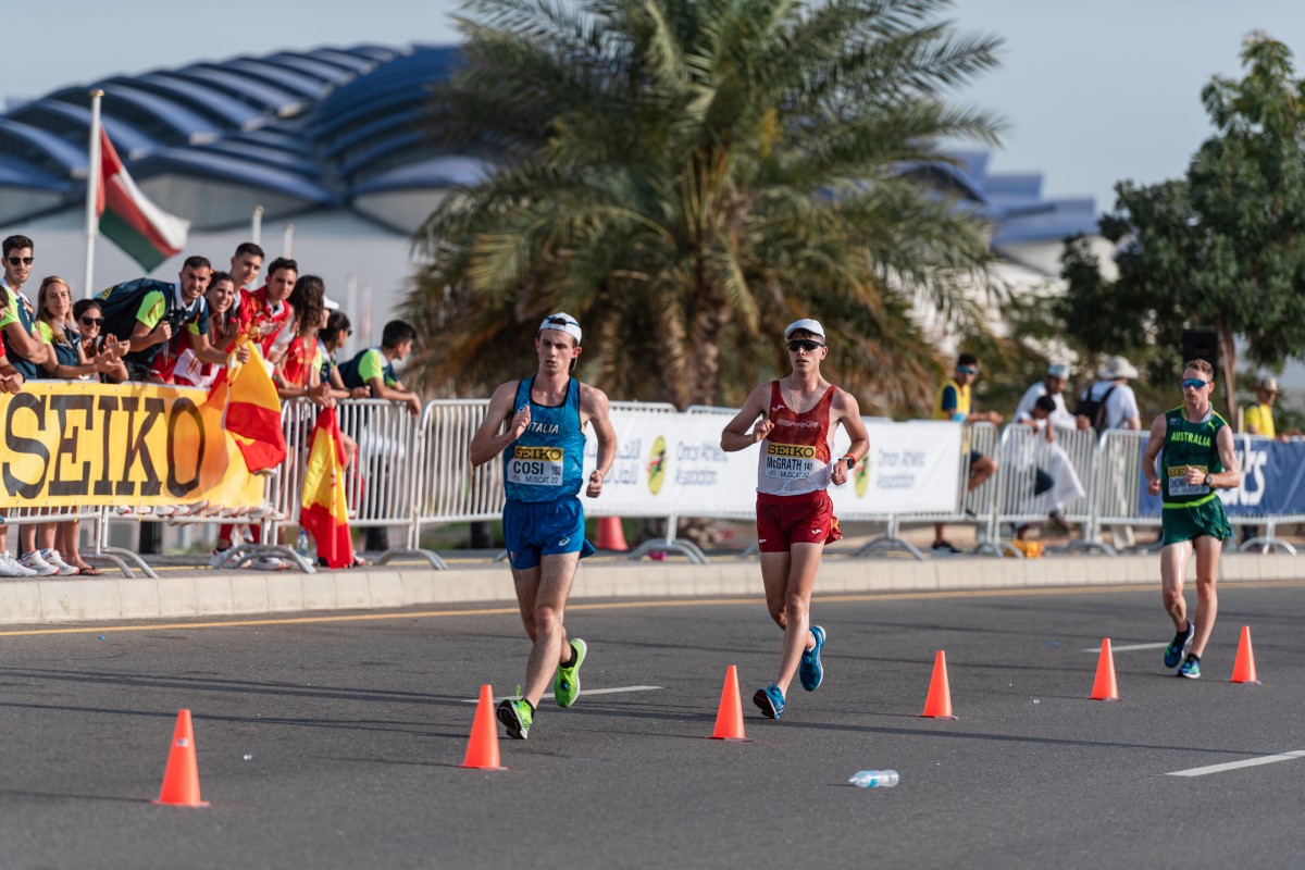 Paul McGrath, del Equipo Español, en la prueba de 20kms durante el Campeonato del Mundo de marcha por selecciones celebrado el 4 y 5 de marzo de 2022 en Mascate, Omán